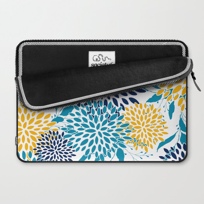 Floral Blooms and Leaves, Navy, Teal Blue, Yellow Laptop Sleeve Gallery Image 2