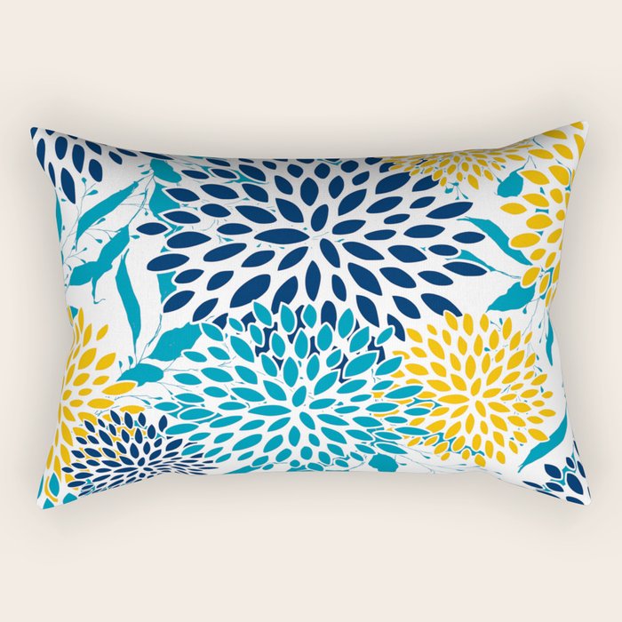 Floral Blooms and Leaves, Navy, Teal Blue, Yellow Rectangular Pillow Gallery Image 1