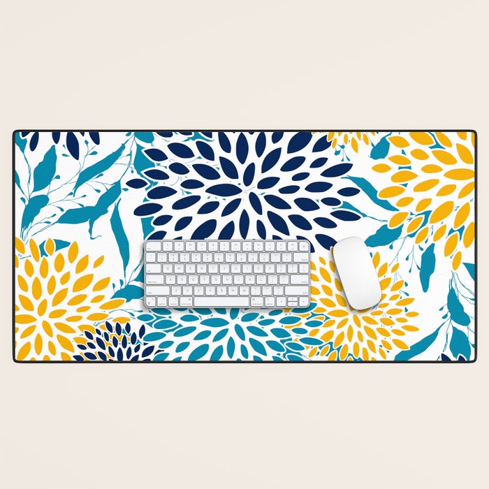 Floral Blooms and Leaves, Navy, Teal Blue, Yellow Desk Mat Gallery Image 1