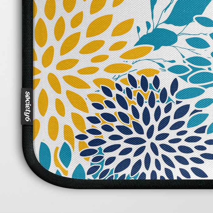 Floral Blooms and Leaves, Navy, Teal Blue, Yellow Laptop Sleeve Gallery Image 3