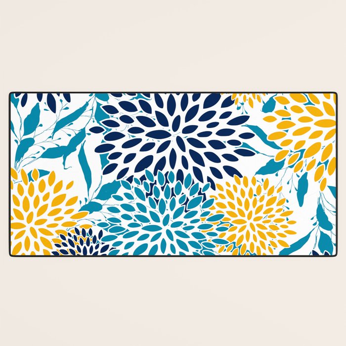 Floral Blooms and Leaves, Navy, Teal Blue, Yellow Desk Mat Gallery Image 3