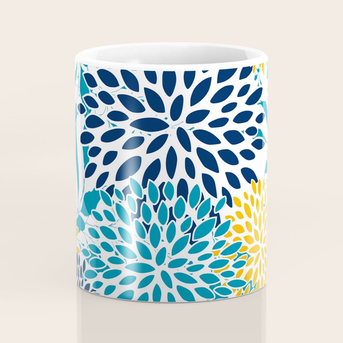 Floral Blooms and Leaves, Navy, Teal Blue, Yellow Coffee Mug Gallery Image 4