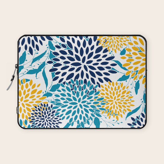 Floral Blooms and Leaves, Navy, Teal Blue, Yellow Laptop Sleeve Gallery Image 1