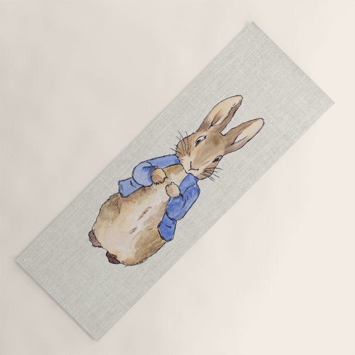 Peter the rabbit beige linen textured background Yoga Mat Gallery Image 1