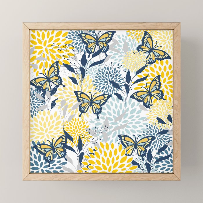 Floral and Butterflies Print, Blue and Yellow Mini Art Print Gallery Image 1
