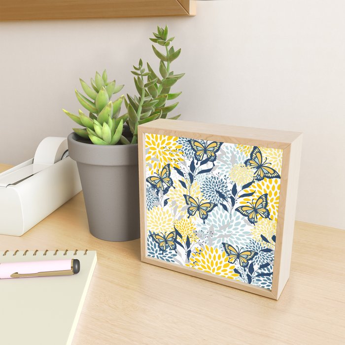 Floral and Butterflies Print, Blue and Yellow Mini Art Print Gallery Image 2