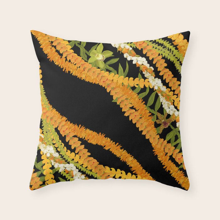 Diagonal Lei Pikake and Orange Lokelani Ti Leaf Puakenikeni Lantern Ilima Throw Pillow Gallery Image 1