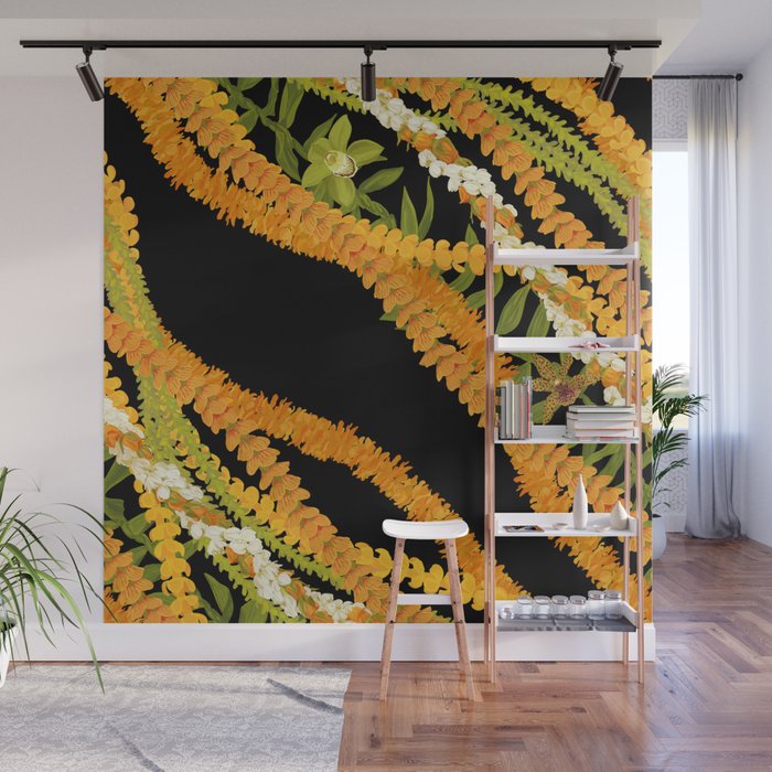 Diagonal Lei Pikake and Orange Lokelani Ti Leaf Puakenikeni Lantern Ilima Wall Mural Gallery Image 1