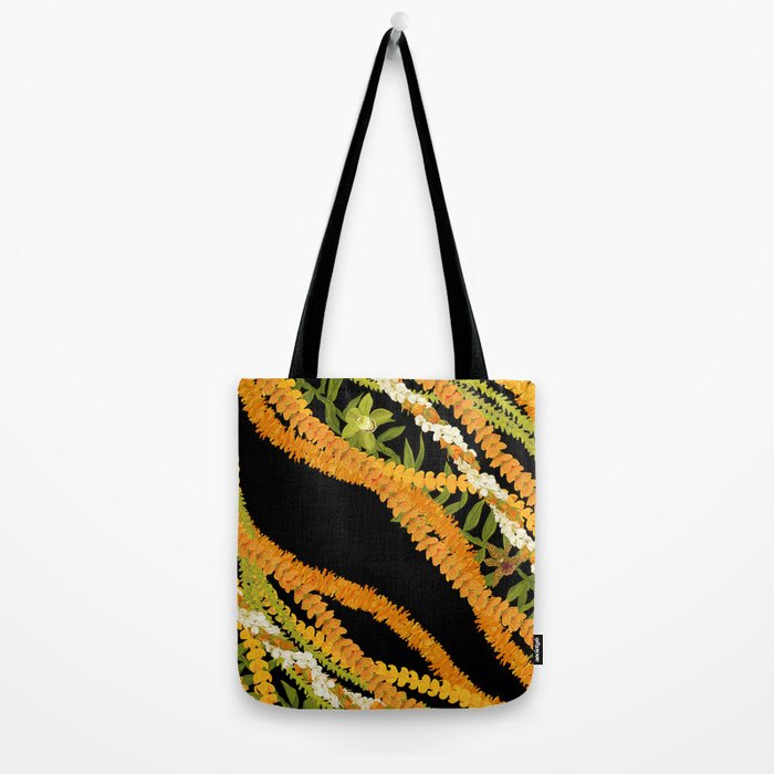 Diagonal Lei Pikake and Orange Lokelani Ti Leaf Puakenikeni Lantern Ilima Tote Bag Gallery Image 2