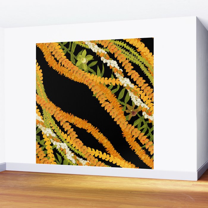 Diagonal Lei Pikake and Orange Lokelani Ti Leaf Puakenikeni Lantern Ilima Wall Mural Gallery Image 2