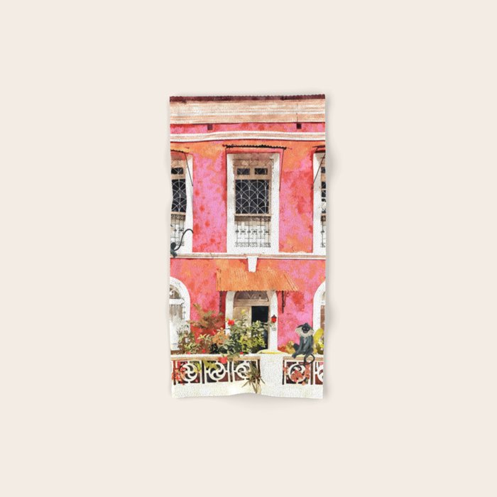 Monkey Business | Watercolor Tropical Goa Architecture Painting | Travel Pastel Pink Blush Building Bath Towel Gallery Image 1