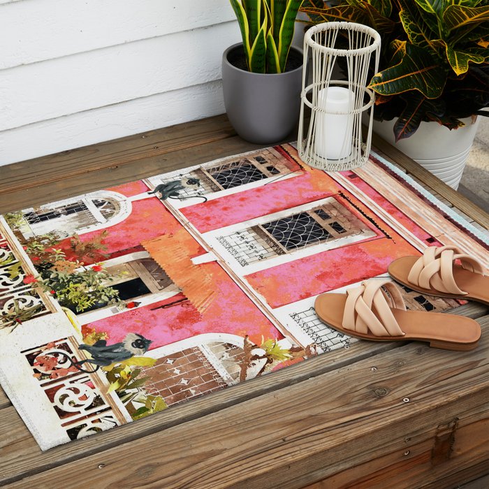 Monkey Business | Watercolor Tropical Goa Architecture Painting | Travel Pastel Pink Blush Building Outdoor Rug Gallery Image 2