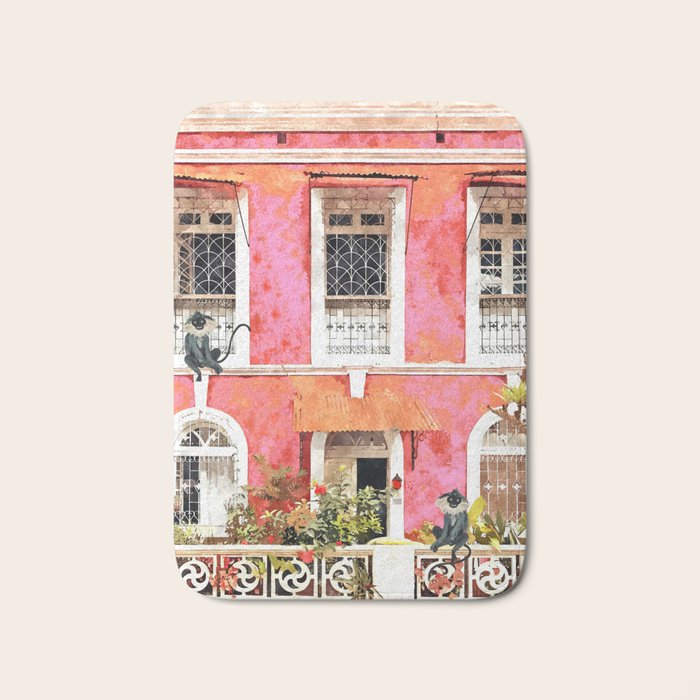 Monkey Business | Watercolor Tropical Goa Architecture Painting | Travel Pastel Pink Blush Building Bath Mat Gallery Image 1