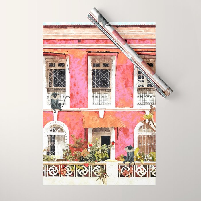 Monkey Business | Watercolor Tropical Goa Architecture Painting | Travel Pastel Pink Blush Building Wrapping Paper Gallery Image 1