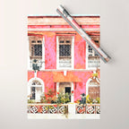 Monkey Business | Watercolor Tropical Goa Architecture Painting | Travel Pastel Pink Blush Building Wrapping Paper Gallery Image 1