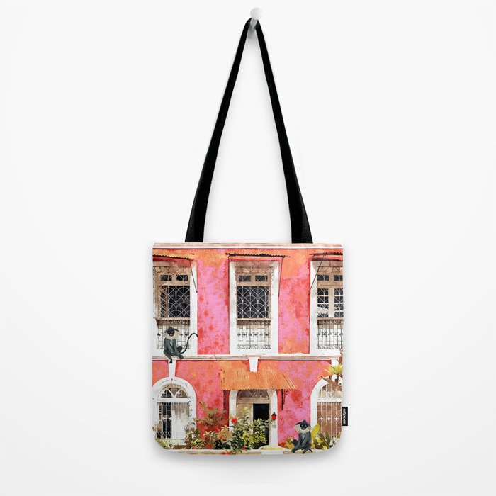 Monkey Business | Watercolor Tropical Goa Architecture Painting | Travel Pastel Pink Blush Building Tote Bag Gallery Image 2