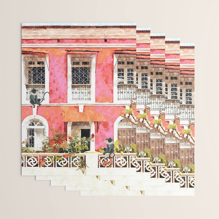 Monkey Business | Watercolor Tropical Goa Architecture Painting | Travel Pastel Pink Blush Building Wrapping Paper Gallery Image 3