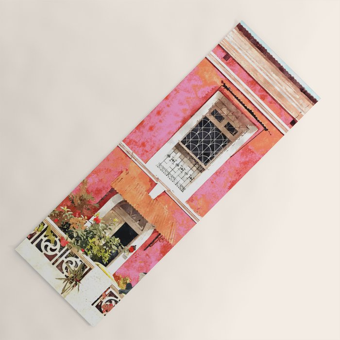 Monkey Business | Watercolor Tropical Goa Architecture Painting | Travel Pastel Pink Blush Building Yoga Mat Gallery Image 1