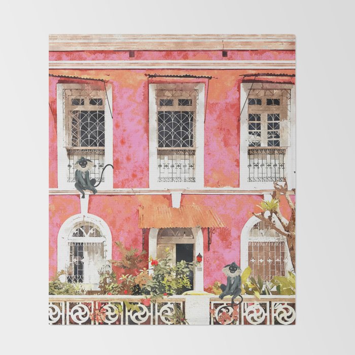 Monkey Business | Watercolor Tropical Goa Architecture Painting | Travel Pastel Pink Blush Building Throw Blanket Gallery Image 2