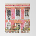Monkey Business | Watercolor Tropical Goa Architecture Painting | Travel Pastel Pink Blush Building Throw Blanket Gallery Image 2