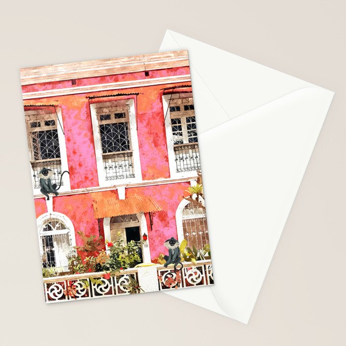Monkey Business | Watercolor Tropical Goa Architecture Painting | Travel Pastel Pink Blush Building Stationery Card Gallery Image 2