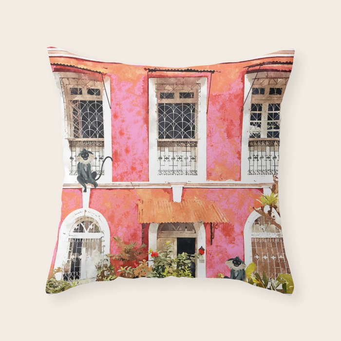 Monkey Business | Watercolor Tropical Goa Architecture Painting | Travel Pastel Pink Blush Building Throw Pillow Gallery Image 6