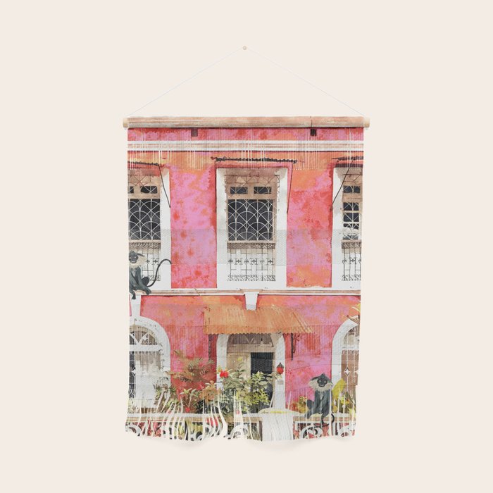Monkey Business | Watercolor Tropical Goa Architecture Painting | Travel Pastel Pink Blush Building Wall Hanging Gallery Image 1