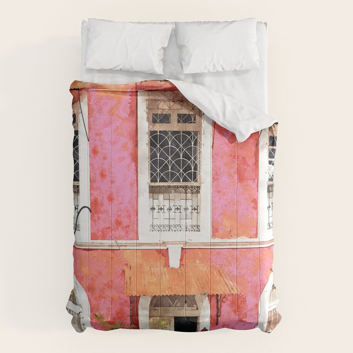 Monkey Business | Watercolor Tropical Goa Architecture Painting | Travel Pastel Pink Blush Building Comforter Gallery Image 6