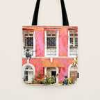 Monkey Business | Watercolor Tropical Goa Architecture Painting | Travel Pastel Pink Blush Building Tote Bag Gallery Image 1