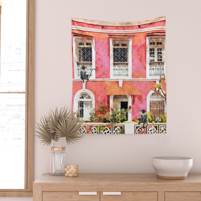 Monkey Business | Watercolor Tropical Goa Architecture Painting | Travel Pastel Pink Blush Building Wall Tapestry Gallery Image 2