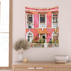 Monkey Business | Watercolor Tropical Goa Architecture Painting | Travel Pastel Pink Blush Building Wall Tapestry Gallery Image 2