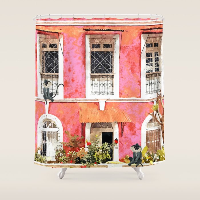 Monkey Business | Watercolor Tropical Goa Architecture Painting | Travel Pastel Pink Blush Building Shower Curtain Gallery Image 1