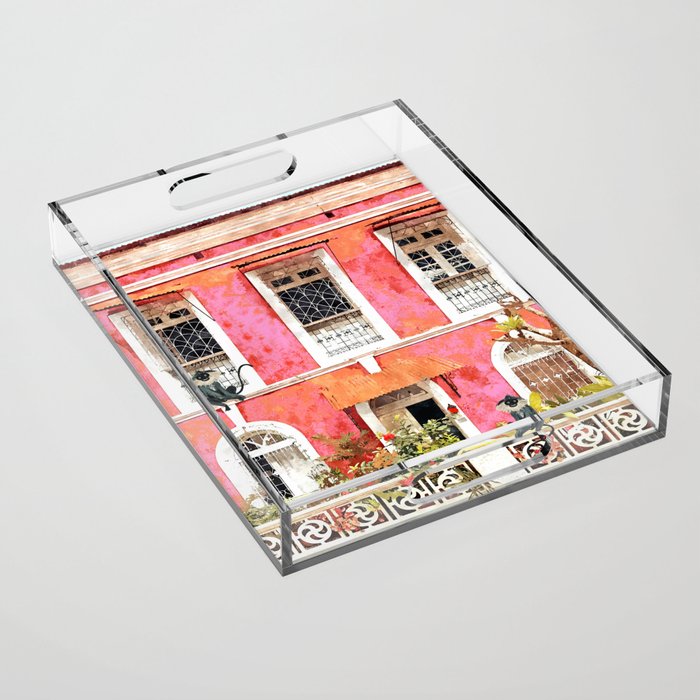 Monkey Business | Watercolor Tropical Goa Architecture Painting | Travel Pastel Pink Blush Building Acrylic Tray Gallery Image 1