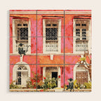 Monkey Business | Watercolor Tropical Goa Architecture Painting | Travel Pastel Pink Blush Building Wood Wall Art Gallery Image 1