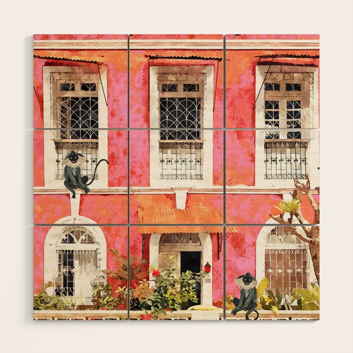 Monkey Business | Watercolor Tropical Goa Architecture Painting | Travel Pastel Pink Blush Building Wood Wall Art Gallery Image 1