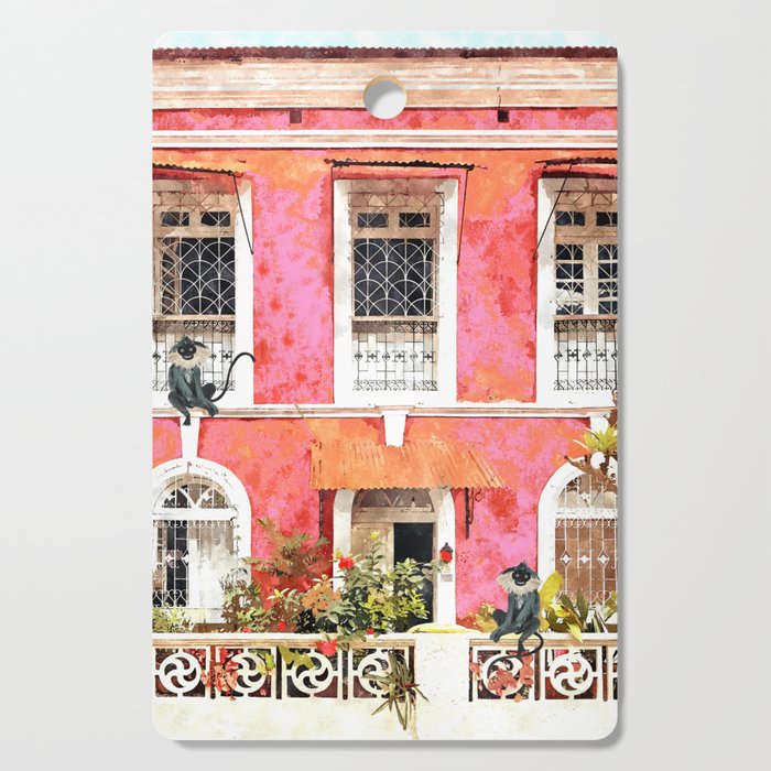Monkey Business | Watercolor Tropical Goa Architecture Painting | Travel Pastel Pink Blush Building Cutting Board Gallery Image 1