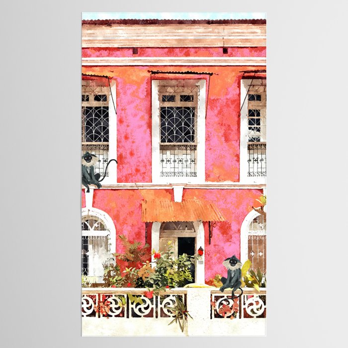 Monkey Business | Watercolor Tropical Goa Architecture Painting | Travel Pastel Pink Blush Building Tablecloth Gallery Image 2