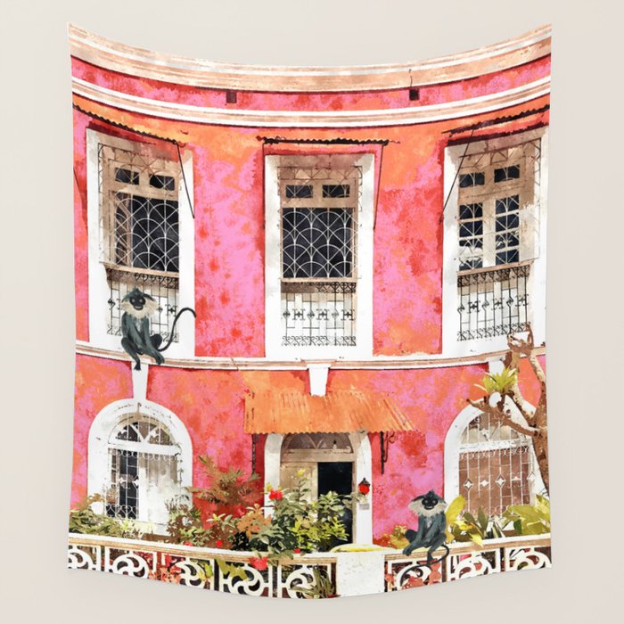 Monkey Business | Watercolor Tropical Goa Architecture Painting | Travel Pastel Pink Blush Building Wall Tapestry Gallery Image 4