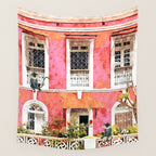 Monkey Business | Watercolor Tropical Goa Architecture Painting | Travel Pastel Pink Blush Building Wall Tapestry Gallery Image 4