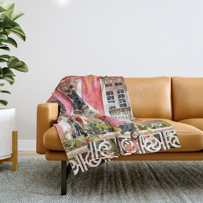Monkey Business | Watercolor Tropical Goa Architecture Painting | Travel Pastel Pink Blush Building Throw Blanket Gallery Image 1