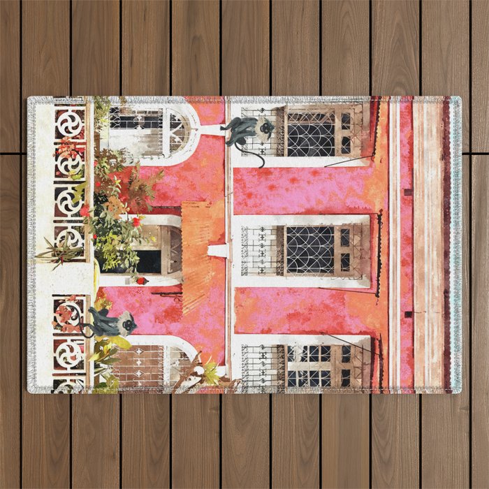 Monkey Business | Watercolor Tropical Goa Architecture Painting | Travel Pastel Pink Blush Building Outdoor Rug Gallery Image 1
