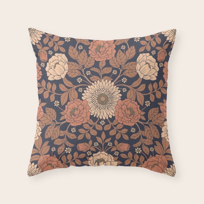 Peach, Dusty Rose, Mauve & Blue-Gray Floral Pattern Throw Pillow Gallery Image 6
