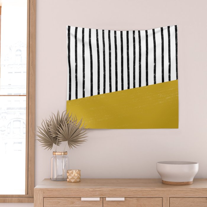 Handmade Stripe Block Pattern (mustard yellow/white/black) Wall Tapestry Gallery Image 2