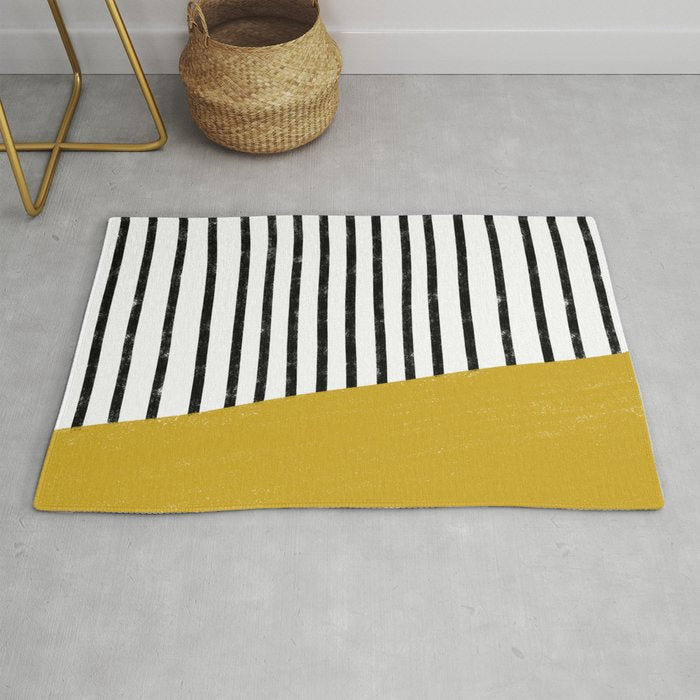 Handmade Stripe Block Pattern (mustard yellow/white/black) Rug Gallery Image 1
