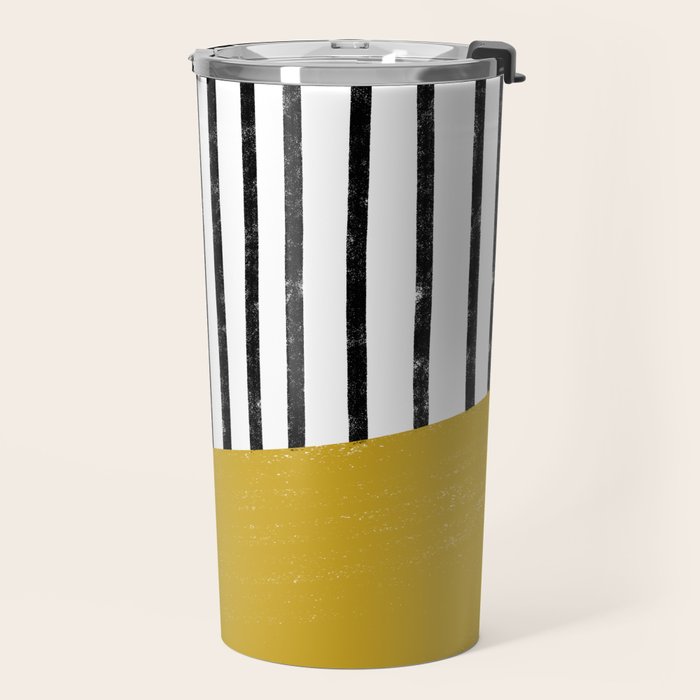 Handmade Stripe Block Pattern (mustard yellow/white/black) Travel Mug Gallery Image 2