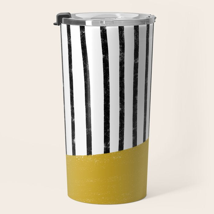 Handmade Stripe Block Pattern (mustard yellow/white/black) Travel Mug Gallery Image 3