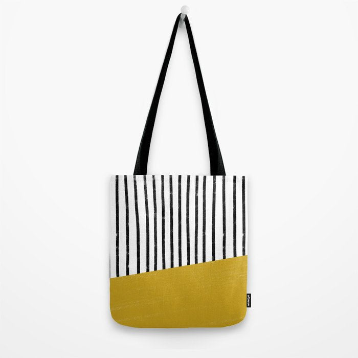 Handmade Stripe Block Pattern (mustard yellow/white/black) Tote Bag Gallery Image 2