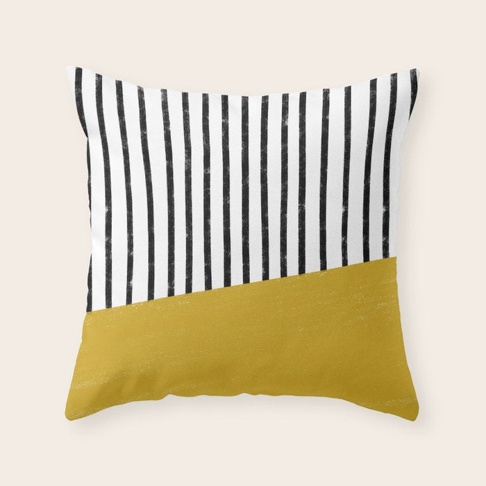 Handmade Stripe Block Pattern (mustard yellow/white/black) Throw Pillow Gallery Image 1