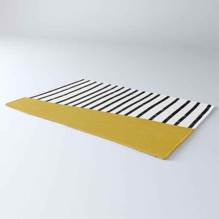 Handmade Stripe Block Pattern (mustard yellow/white/black) Rug Gallery Image 3
