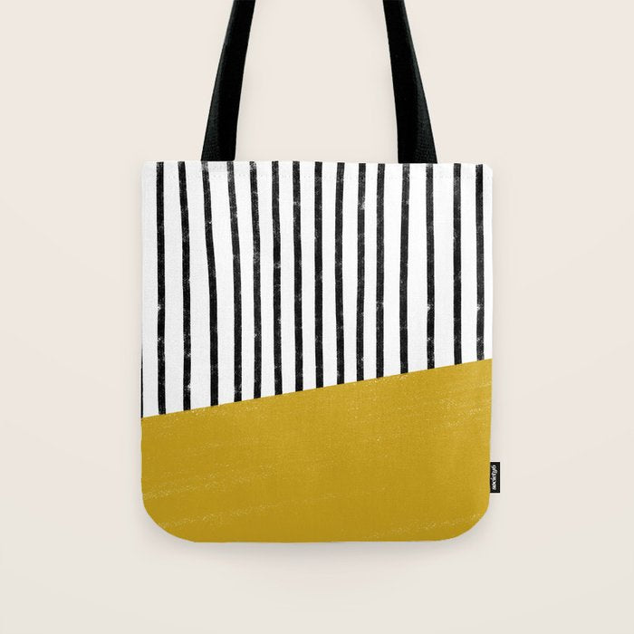 Handmade Stripe Block Pattern (mustard yellow/white/black) Tote Bag Gallery Image 1